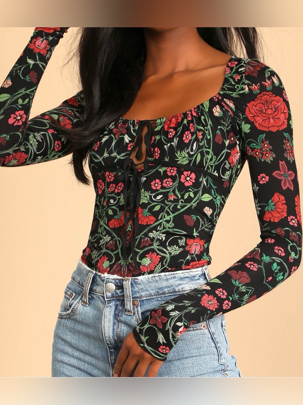 Free People Make It Easy Black Floral Print Long Sleeve Cutout Top